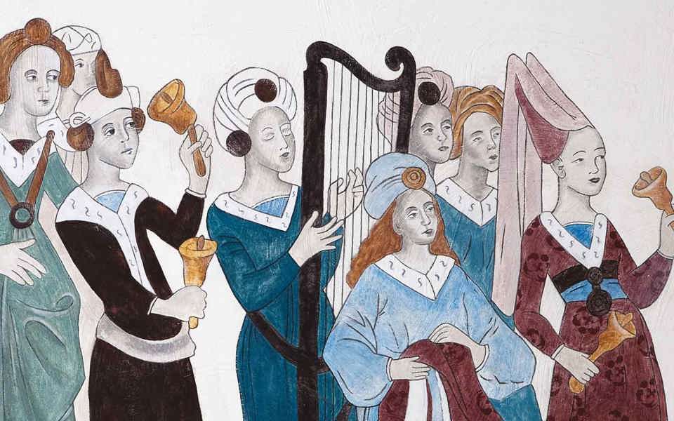 Procession med personer med klockor och harpa.