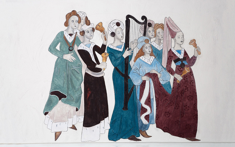 Målning av en grupp kvinnor i medeltida dräkter.
